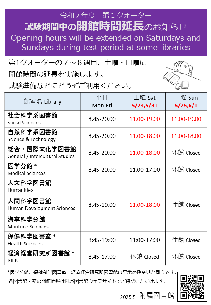 令和７年度第１クォーター試験期間中の開館時間延長のお知らせ。第1クォーターの７～８週目、土曜・日曜に開館時間の延長を実施します。試験準備などにどうぞご利用ください。
社会科学系図書館	平日8:45-20:00	土曜11:00-19:00	日曜11:00-19:00。
自然科学系図書館	平日8:45-20:00	土曜11:00-18:00	日曜11:00-18:00。
総合・国際文化学図書館	平日8:45-20:00	土曜11:00-18:00	日曜休館。
医学分館	平日8:45-20:00	土曜11:00-17:00	日曜休館。
人文科学図書館	平日8:45-20:00	土曜11:00-18:00	日曜休館。
人間科学図書館	平日8:45-20:00	土曜11:00-18:00	日曜休館。
海事科学分館	平日8:45-19:00	土曜11:00-18:00	日曜休館。
保健科学図書室	平日8:45-19:00	土曜11:00-17:00	日曜休館。
経済経営研究所図書館	平日8:45-17:00	土曜休館	日曜休館。