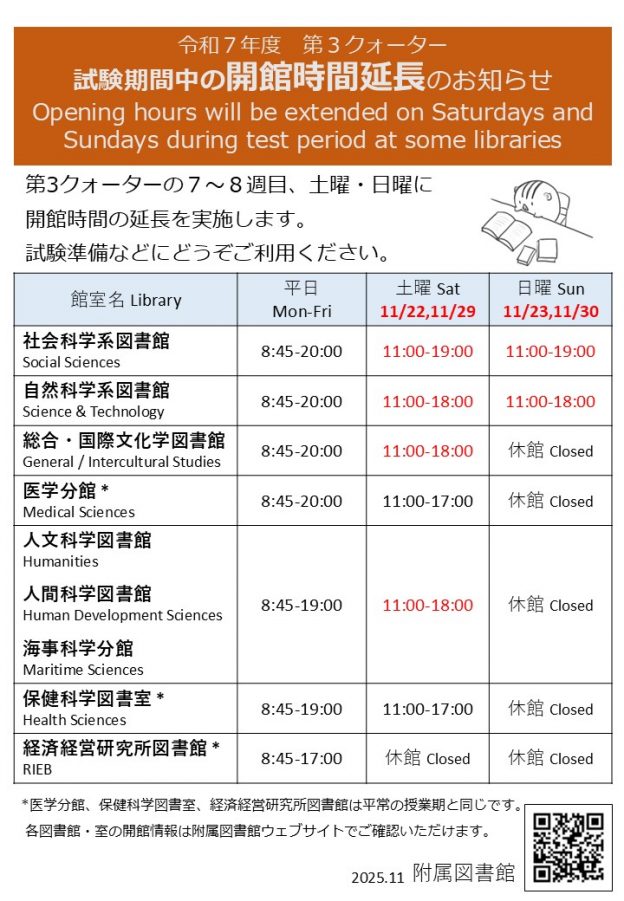 令和７年度第3クォーター試験期間中の開館時間延長のお知らせ。第3クォーターの７～８週目、土曜・日曜に開館時間の延長を実施します。試験準備などにどうぞご利用ください。 社会科学系図書館 平日8:45-20:00 土曜11:00-19:00 日曜11:00-19:00。 自然科学系図書館 平日8:45-20:00 土曜11:00-18:00 日曜11:00-18:00。 総合・国際文化学図書館 平日8:45-20:00 土曜11:00-18:00 日曜休館。 医学分館 平日8:45-20:00 土曜11:00-17:00 日曜休館。 人文科学図書館 平日8:45-20:00 土曜11:00-18:00 日曜休館。 人間科学図書館 平日8:45-20:00 土曜11:00-18:00 日曜休館。 海事科学分館 平日8:45-19:00 土曜11:00-18:00 日曜休館。 保健科学図書室 平日8:45-19:00 土曜11:00-17:00 日曜休館。 経済経営研究所図書館 平日8:45-17:00 土曜休館 日曜休館。