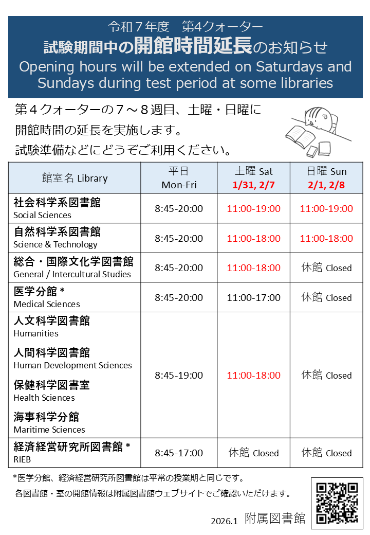 令和７年度第4クォーター試験期間中の開館時間延長のお知らせ。第4クォーターの７～８週目、土曜(1月31日、2月7日)・日曜（2月1日、2月8日）に開館時間の延長を実施します。試験準備などにどうぞご利用ください。
社会科学系図書館	平日8:45-20:00	土曜11:00-19:00	日曜11:00-19:00。
自然科学系図書館	平日8:45-20:00	土曜11:00-18:00	日曜11:00-18:00。
総合・国際文化学図書館	平日8:45-20:00	土曜11:00-18:00	日曜休館。
医学分館	平日8:45-20:00	土曜11:00-17:00	日曜休館。
人文科学図書館	平日8:45-19:00	土曜11:00-18:00	日曜休館。
人間科学図書館	平日8:45-19:00	土曜11:00-18:00	日曜休館。
海事科学分館	平日8:45-19:00	土曜11:00-18:00	日曜休館。
保健科学図書室	平日8:45-19:00	土曜11:00-18:00	日曜休館。
経済経営研究所図書館	平日8:45-17:00	土曜休館	日曜休館。