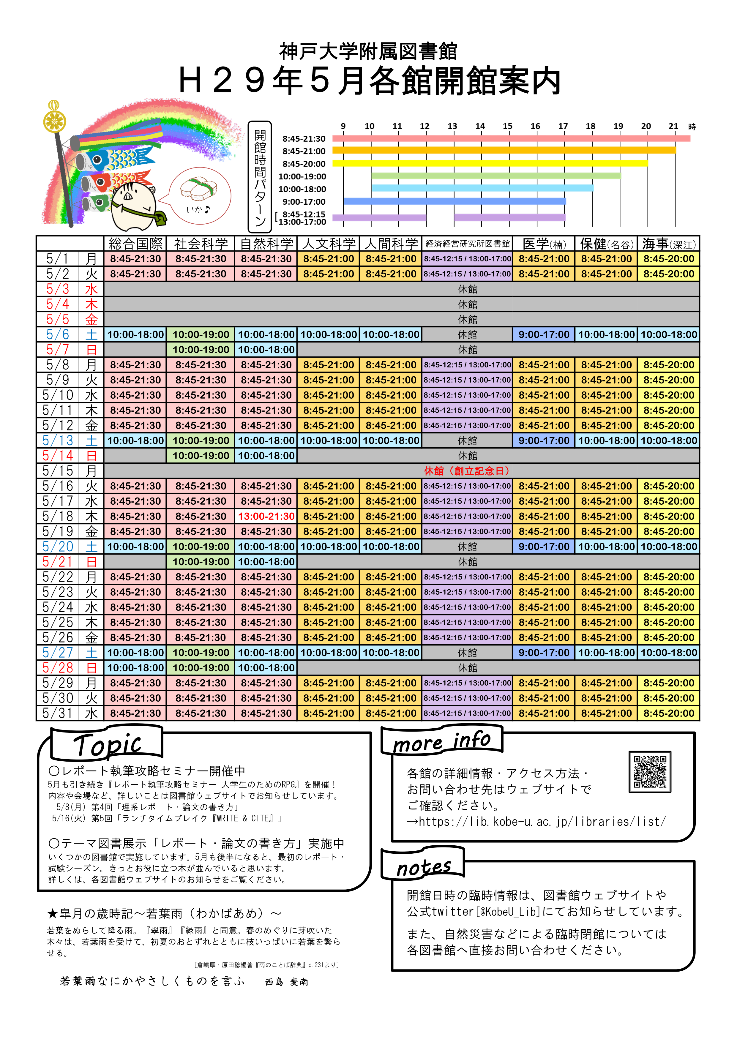 2017年5月の全館開館カレンダーを作成しました 神戸大学附属図書館