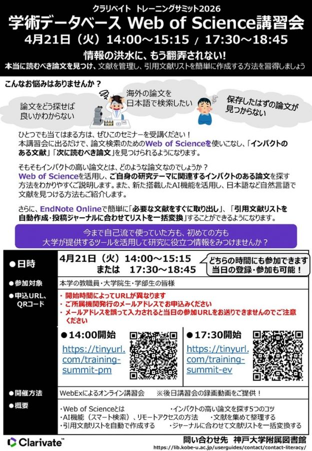 クラリベイト トレーニングサミット2026 学術データベース Web of Science講習会のポスター。4月21日（火）14:00～15:15または17:30～18:45開催。情報の洪水にもう翻弄されない！本当に読むべき論文を見つけ、文献を管理し、引用文献リストを簡単に作成する方法を習得しましょう。こんなお悩みはありませんか？論文をどう探せば良いかわからない。海外の論文を日本語で検索したい。保存したはずの論文が見つからない。ひとつでも当てはまる方は、ぜひこのセミナーを受講ください！本講習会に出るだけで、論文検索のためのWeb of Scienceを使いこなし、「インパクトのある文献」 「次に読むべき論文」を見つけられるようになります。そもそもインパクトの高い論文とは、どのような論文なのでしょうか？Web of Scienceを活用し、ご自身の研究テーマに関連するインパクトのある論文を探す方法をわかりやすくご説明します。また、新た搭載したAI機能を活用し、日本語など自然言語で文献を見つける方法もご紹介します。さらに、EndNote Onlineで簡単に「必要な文献をすぐに取り出し」、 「引用文献リストを自動作成・投稿ジャーナルに合わせてリストを一括変換」することができるようになります。