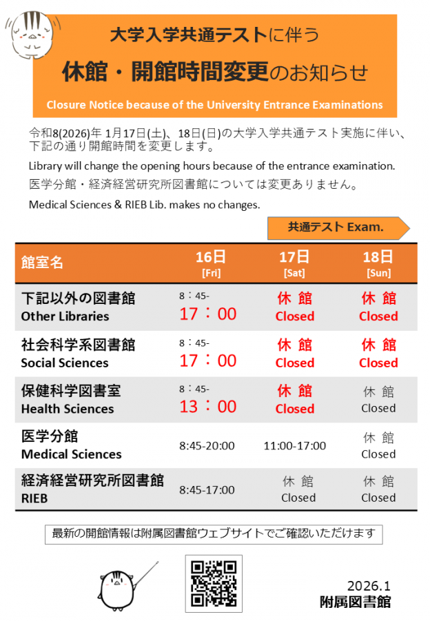 大学入学共通テストに伴う休館・開館時間変更のお知らせ。令和8(2026)年1月17日(土)、18日(日)の大学入学共通テスト実施に伴い、下記の通り開館時間を変更します。医学分館・経済経営研究所図書館については変更ありません。社会科学系図書館、保健科学図書室、医学分館・経済経営研究所図書館以外の図書館、16日、17時まで、17日、休館、18日、休館。社会科学系図書館、16日、17時まで、17日、休館、18日、休館。保健科学図書室、16日、13時まで、17日、休館、18日、休館。医学分館、16日、20時まで、17日、11時から17時、18日、休館。研究所、16日、17時まで、17日、休館、18日、休館。最新の開館情報は附属図書館ウェブサイトでご確認いただけます。