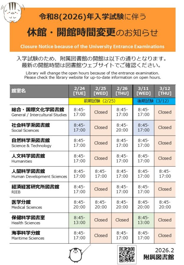 令和8(2026)年入学試験に伴う休館のお知らせ。入学試験のため、附属図書館の開館は以下の通りとなります。最新の開館時間は図書館ウェブサイトでご確認ください。 総合・国際文化学図書館、2月24日、8:45-17:00。2月25日、Closed。2月26日、8:45-17:00。3月11日、8:45-17:00。3月12日、Closed。 社会科学系図書館、2月24日、8:45-17:00。2月25日、Closed。2月26日、8:45-20:00。3月11日、8:45-17:00。3月12日、Closed。 自然科学系図書館、2月24日、8:45-17:00。 2月25日、Closed。2月26日、8:45-17:00。3月11日、8:45-17:00。3月12日、Closed。 人文科学図書館、 2月24日、8:45-17:00。 2月25日、Closed。2月26日、8:45-17:00。3月11日、8:45-17:00。3月12日、Closed。 人間科学図書館、 2月24日から26日、8:45-17:00。3月11日、8:45-17:00。3月12日、Closed。 経済経営研究所図書館、 2月24日、8:45-17:00。 2月25日、Closed。2月26日、8:45-17:00。3月11日、8:45-17:00。3月12日、Closed。 医学分館、 2月24日から25日、8:45-20:00。3月11日から12日、8:45-20:00。 保健科学図書室、 2月24日、8:45-13:00。2月25日から26日、Closed。3月11日、8:45-13:00。3月12日、Closed。 海事科学分館、 2月24日、8:45-17:00。 2月25日、Closed。2月26日、8:45-17:00。3月11日、8:45-17:00。3月12日、Closed。