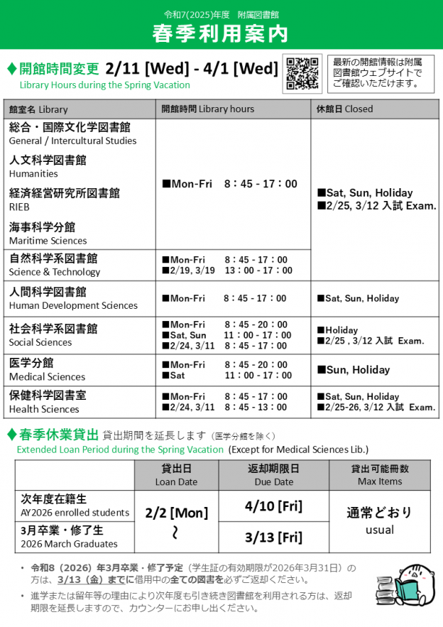 令和7、2025年度附属図書館春季利用案内。開館時間変更2/11 [Wed] - 4/1 [Wed]。最新の開館情報は附属図書館ウェブサイトでご確認いただけます。総合・国際⽂化学図書館、⼈⽂科学図書館、⼈間科学図書館、経済経営研究所図書館、海事科学分館の開館時間、月曜から金曜、8時45分から17時。休館日、土日祝、2/25と3/12。 ⾃然科学系図書館の開館時間、月曜から金曜、8時45分から17時、2/19と3/19は13時から17時。休館日、土日祝、2/25と3/12。 社会科学系図書館の開館時間、月曜から金曜、8時45分から20時、土日、11時から17時、2/24と3/11は8時45分から17時。休館日、祝日、2/25、3/12。 医学分館の開館時間、月曜から金曜、8時45分から20時、土曜、11時から17時。休館日、日曜、祝日。 保健科学図書室の開館時間、月曜から金曜、8時45分から17時、2/24と3/11は8時45分から13時。休館日、土日祝、2/25から26、3/12。 春季休業貸出。貸出期間を延⻑します（医学分館を除く）。次年度在籍⽣、貸出日、2/2から、返却期限日、4/10、貸出可能冊数、通常通り。3⽉卒業・修了⽣、貸出日、2/2から、返却期限日、3/13、貸出可能冊数、通常通り。令和8（2026）年3⽉卒業・修了予定（学⽣証の有効期限が2026年3⽉31⽇）の⽅は、3/13（⾦）までに借⽤中の全ての図書を必ずご返却ください。進学または留年等の理由により次年度も引き続き図書館を利⽤される⽅は、返却期限を延⻑しますので、カウンターにお申し出ください。