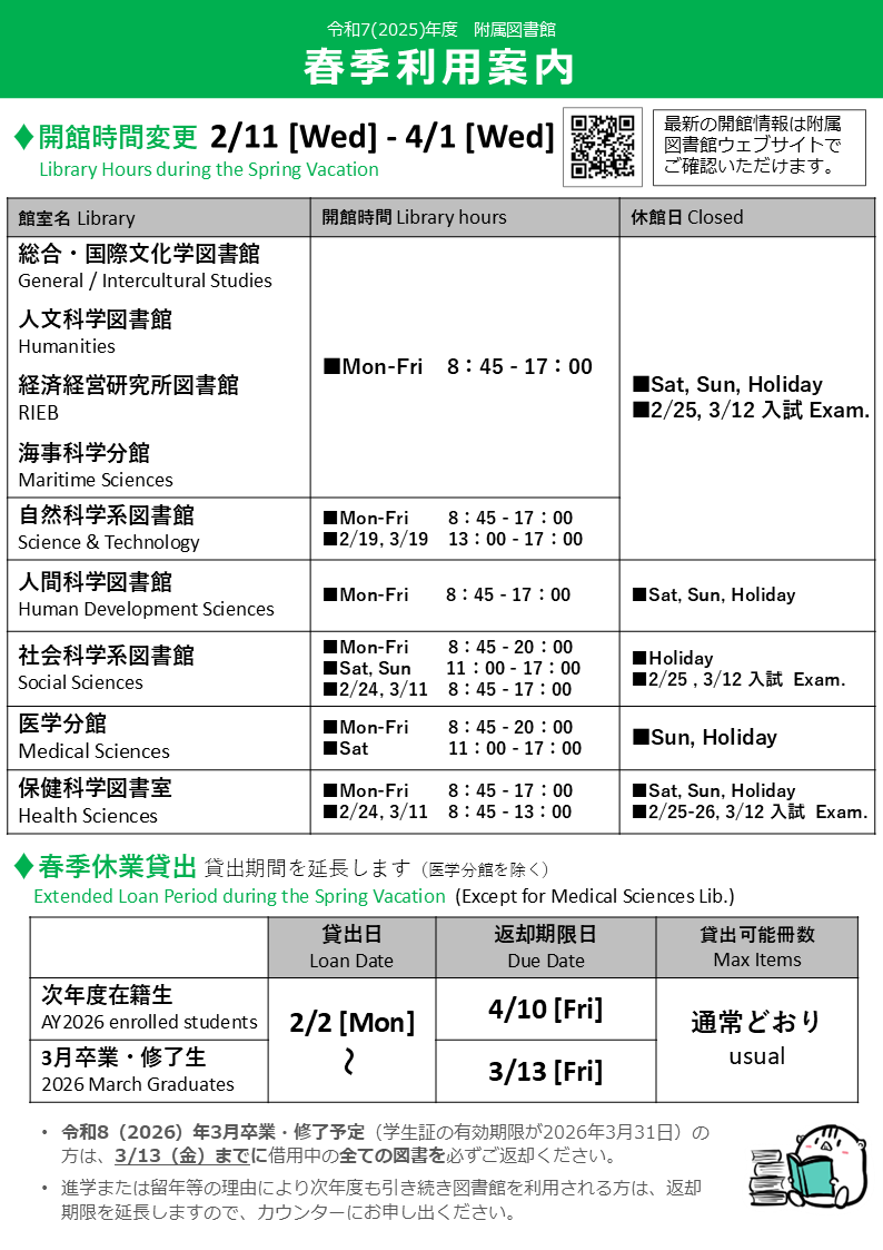 令和7、2025年度附属図書館春季利用案内。開館時間変更2/11 [Wed] - 4/1 [Wed]。最新の開館情報は附属図書館ウェブサイトでご確認いただけます。総合・国際⽂化学図書館、⼈⽂科学図書館、⼈間科学図書館、経済経営研究所図書館、海事科学分館の開館時間、月曜から金曜、8時45分から17時。休館日、土日祝、2/25と3/12。
⾃然科学系図書館の開館時間、月曜から金曜、8時45分から17時、2/19と3/19は13時から17時。休館日、土日祝、2/25と3/12。
社会科学系図書館の開館時間、月曜から金曜、8時45分から20時、土日、11時から17時、2/24と3/11は8時45分から17時。休館日、祝日、2/25、3/12。
医学分館の開館時間、月曜から金曜、8時45分から20時、土曜、11時から17時。休館日、日曜、祝日。
保健科学図書室の開館時間、月曜から金曜、8時45分から17時、2/24と3/11は8時45分から13時。休館日、土日祝、2/25から26、3/12。
春季休業貸出。貸出期間を延⻑します（医学分館を除く）。次年度在籍⽣、貸出日、2/2から、返却期限日、4/10、貸出可能冊数、通常通り。3⽉卒業・修了⽣、貸出日、2/2から、返却期限日、3/13、貸出可能冊数、通常通り。令和8（2026）年3⽉卒業・修了予定（学⽣証の有効期限が2026年3⽉31⽇）の⽅は、3/13（⾦）までに借⽤中の全ての図書を必ずご返却ください。進学または留年等の理由により次年度も引き続き図書館を利⽤される⽅は、返却期限を延⻑しますので、カウンターにお申し出ください。