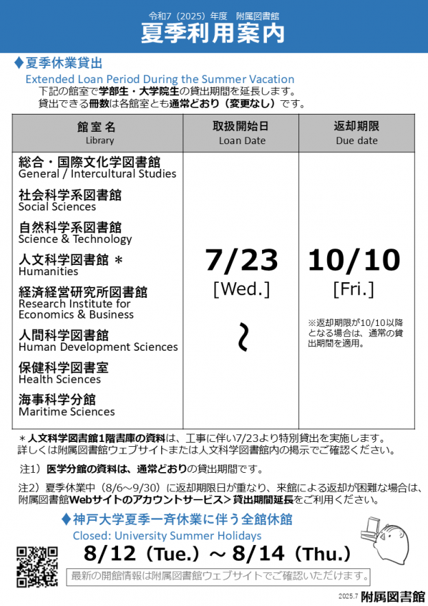 夏季利用案内(2025年度)のポスター。・夏季休業貸出。下記の館室で学部生・大学院生の貸出期間を延長します。貸出できる冊数は各館室とも通常どおり（変更なし）です。総合・国際文化学図書館,社会科学系図書館,自然科学系図書館,人文科学図書館,経済経営研究所図書館,人間科学図書館,保健科学図書室,海事科学分館。取扱開始日：7月23日。返却期限：10月10日。注1）医学分館の資料は、通常どおりの貸出期間です。注2）夏季休業中（8/6～9/30）に返却期限日が重なり、来館による返却が困難な場合は、附属図書館Webサイトのアカウントサービス＞貸出期間延長をご利用ください。・神戸大学夏季一斉休業に伴う全館休館。8月12日から14日。