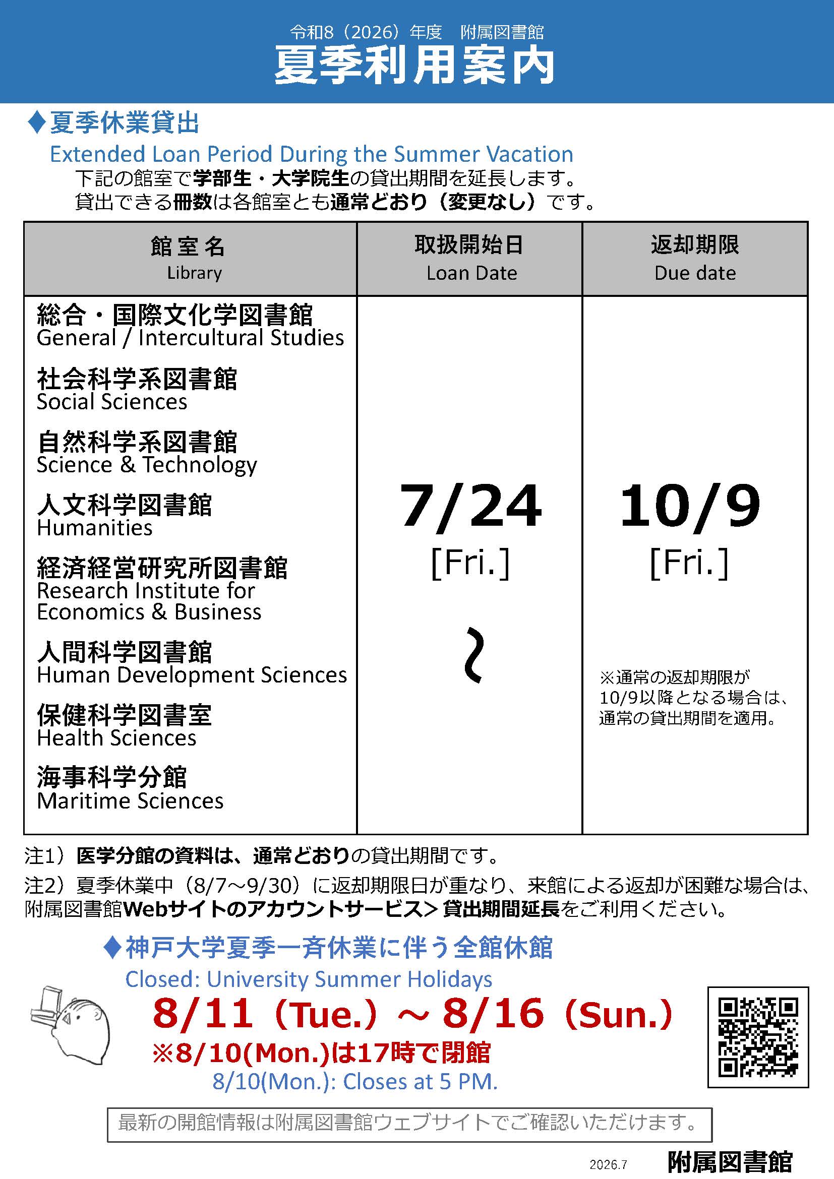 夏季利用案内(2026年度)のポスター。・夏季休業貸出。下記の館室で学部生・大学院生の貸出期間を延長します。貸出できる冊数は各館室とも通常どおり（変更なし）です。総合・国際文化学図書館,社会科学系図書館,自然科学系図書館,人文科学図書館,経済経営研究所図書館,人間科学図書館,保健科学図書室,海事科学分館。取扱開始日：7月24日。返却期限：10月9日。注1）医学分館の資料は、通常どおりの貸出期間です。注2）夏季休業中（8/7～9/30）に返却期限日が重なり、来館による返却が困難な場合は、附属図書館Webサイトのアカウントサービス＞貸出期間延長をご利用ください。・神戸大学夏季一斉休業に伴う全館休館:8月11日から16日。※8月10日(月)は17時で閉館